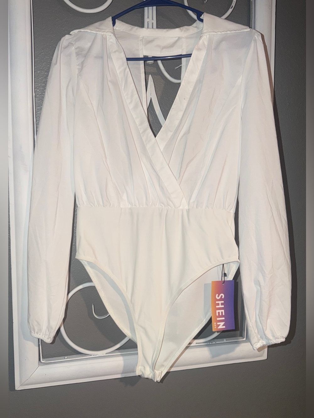SHEIN White Wrap-Front Long Sleeve Bodysuit